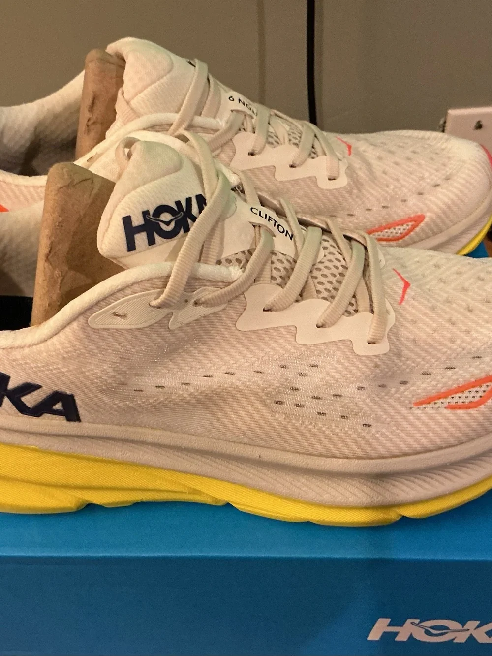Hoka Men’s Clifton 9 Running Shoes - White with Orange Accents size 10